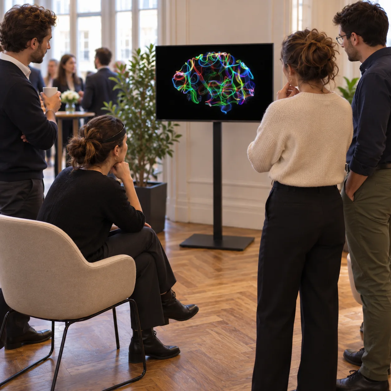 Lors d’un séminaire, des participants regardent l’écran où une œuvre se dessine ; l’une d’elles, assise, porte le bandeau.