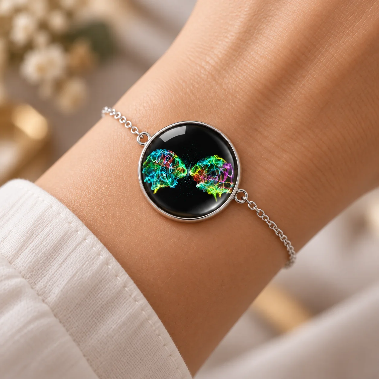 Bracelet CellandArt duo, deux créations cérébrales face à face sous verre, visualisation